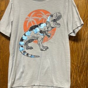 Gray T-Shirt with Dinosaur and Palm Design